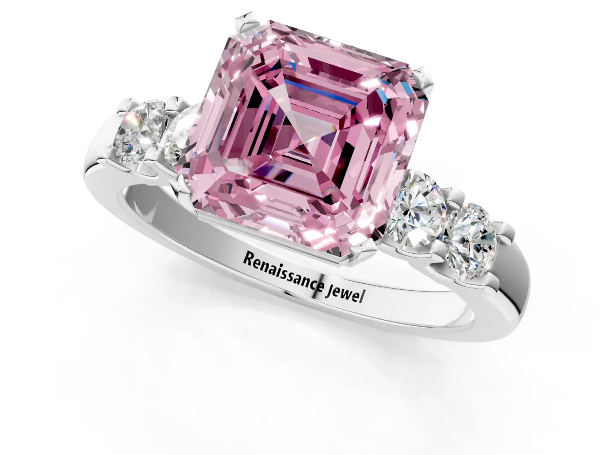 Fancy Pink Asscher Cut Brilliant Cut Diamond Five-Stone Prong Set Engagement Ring with Channel Band Platinum
