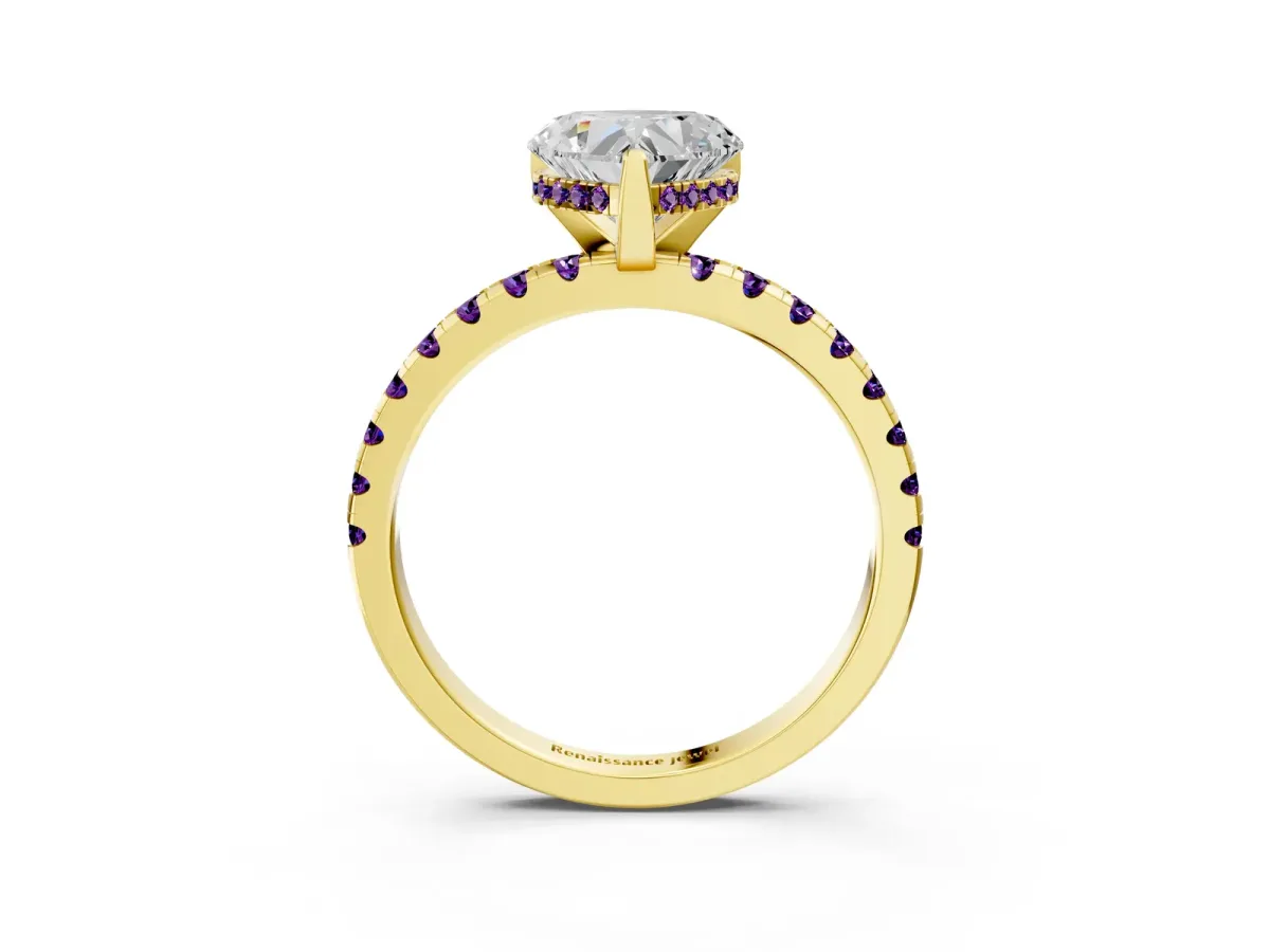 Heart Cut Diamond Solitaire Ring with Round Amethyst Pavé Band and Four-Prong Setting Yellow gold
