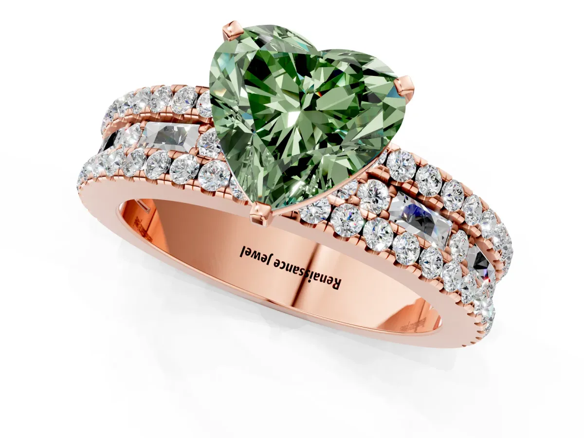 Fancy Green Heart Cut Diamond Solitaire Ring with Pavé and Channel Set Band Rose gold