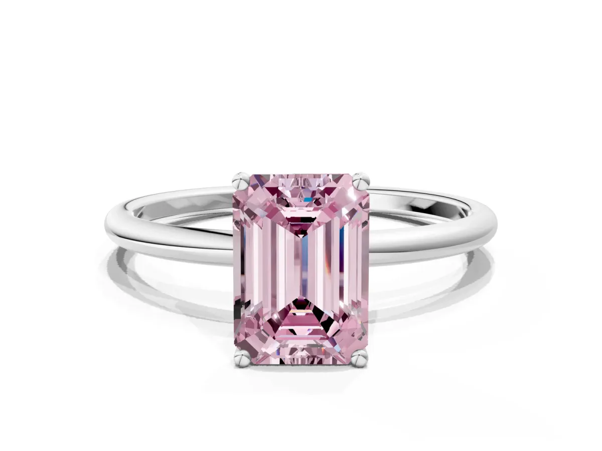 Fancy Pink Emerald Cut Cut Solitaire Engagement Ring with Thin Band and Four-Prong Setting Silver