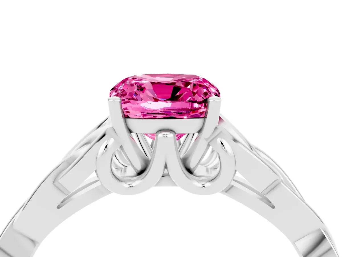 Cushion Cut Pink Sapphire Solitaire Engagement Ring with Celtic Knot Band and Four-Prong Setting White gold