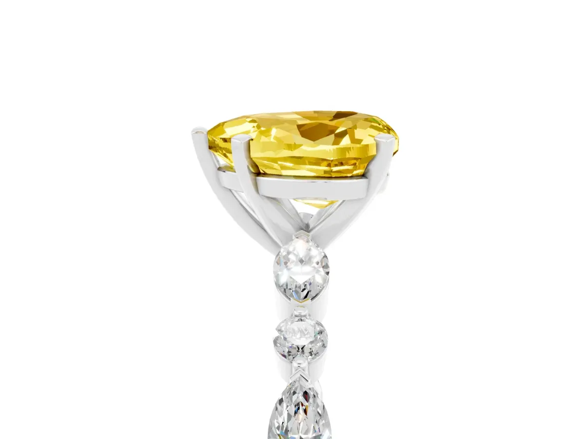 Heart Cut Yellow Sapphire Ring with Marquise and Round Side Stones and Four-Prong Setting White gold