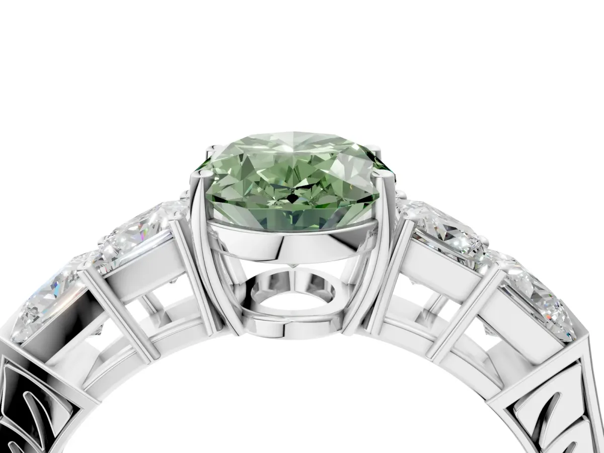 Fancy Green Oval Cut Solitaire Princess Side Stone Engraved Band Prong Setting Ring Platinum