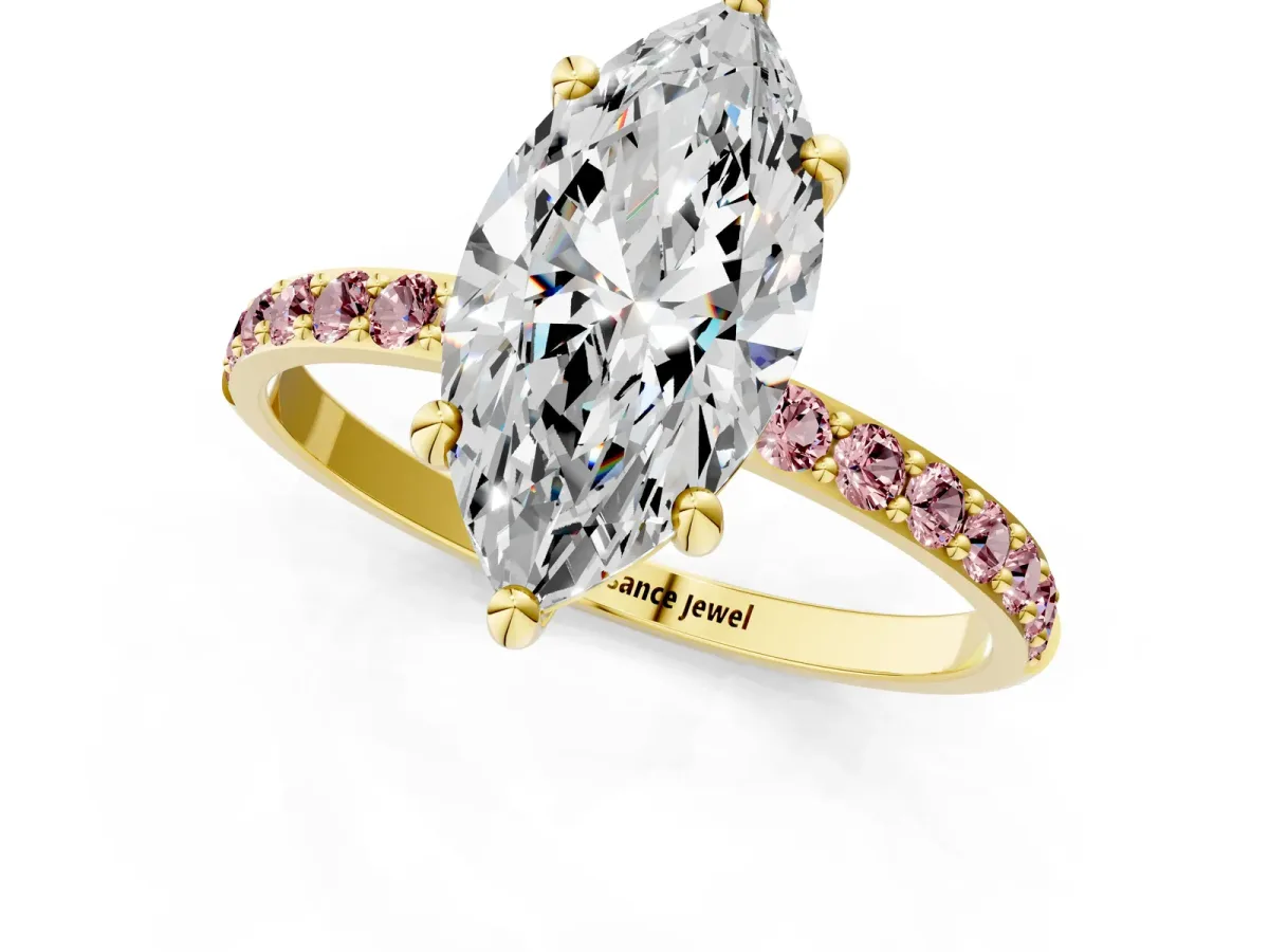 Marquise Cut Diamond Solitaire Ring with Round Morganite Pavé Band and Prong Setting Yellow gold