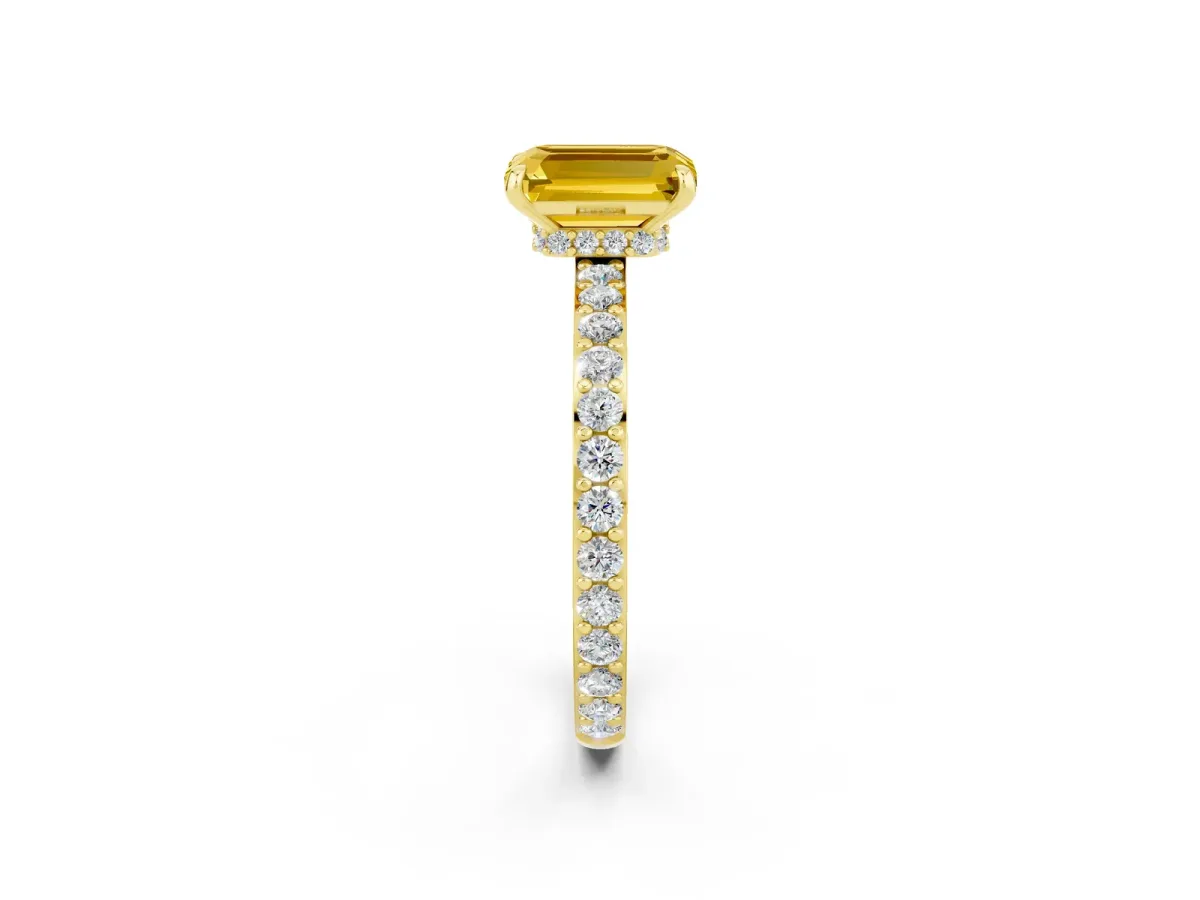 Emerald Cut Yellow Sapphire Solitaire Engagement Ring with Pavé Band and Four-Prong Setting Yellow gold