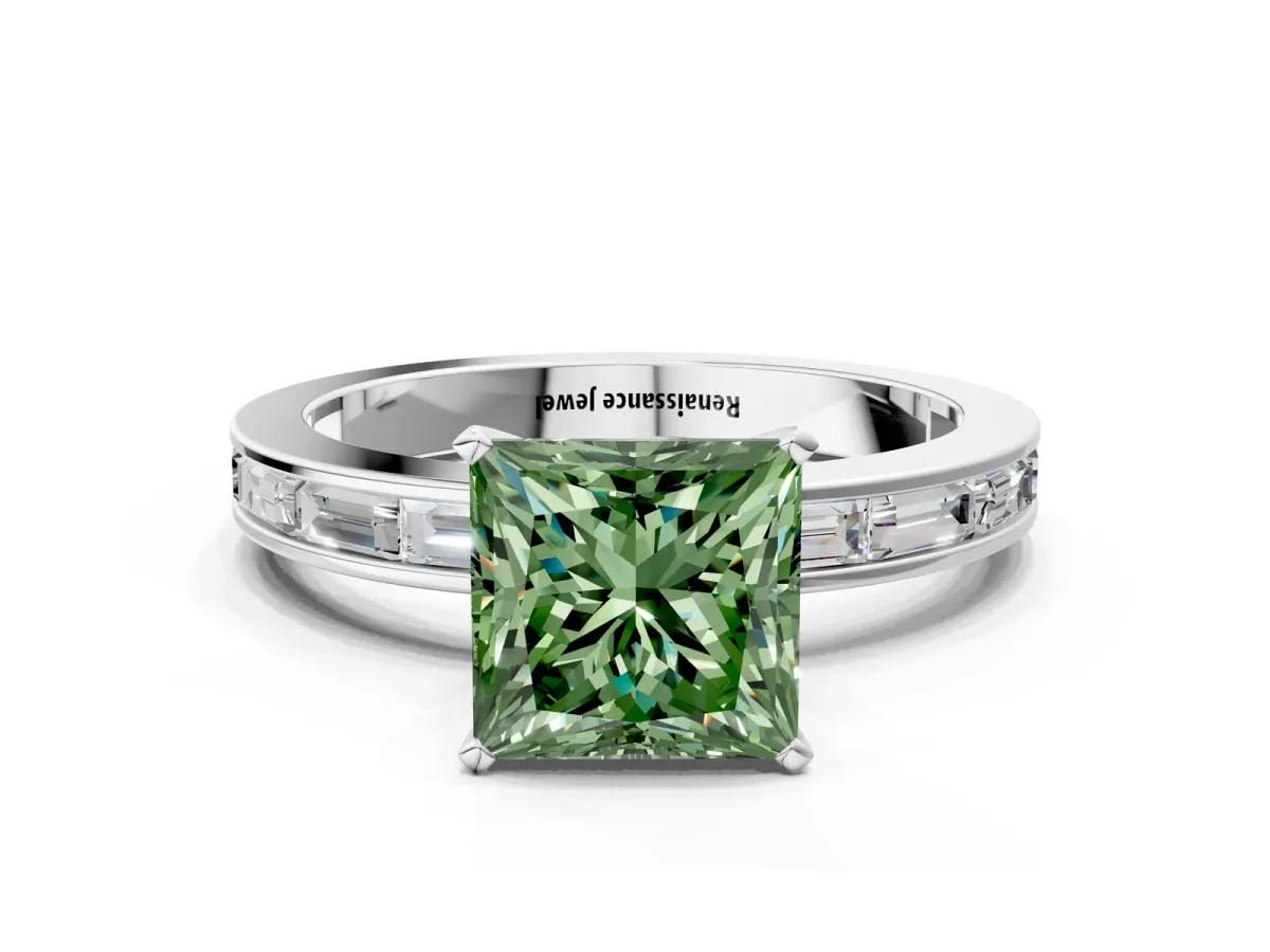 Fancy Green Princess Cut Solitaire Diamond Ring with Channel-Set Baguette Band and Four-Prong Setting White gold