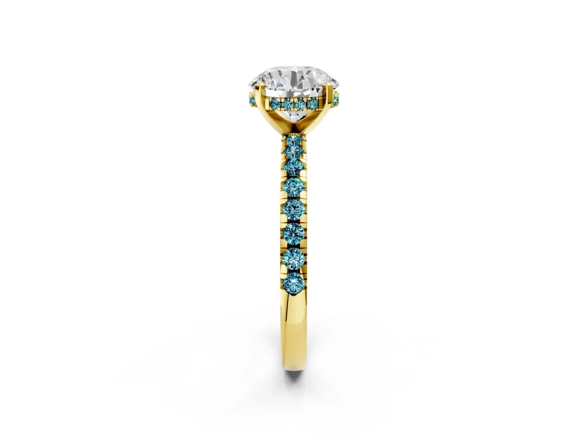 Round Cut Diamond Solitaire Ring with Round Blue Topaz Pavé Band and Four-Prong Setting Yellow gold