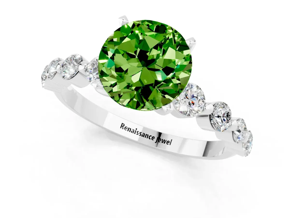 Round Cut Solitaire Peridot Ring with Pave Band and Four-Prong Setting Platinum