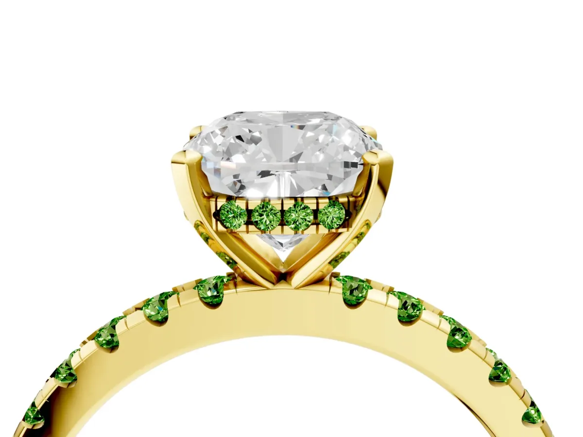 Cushion Cut Diamond Solitaire Ring with Round Peridot Pavé Band and Four-Prong Setting Yellow gold