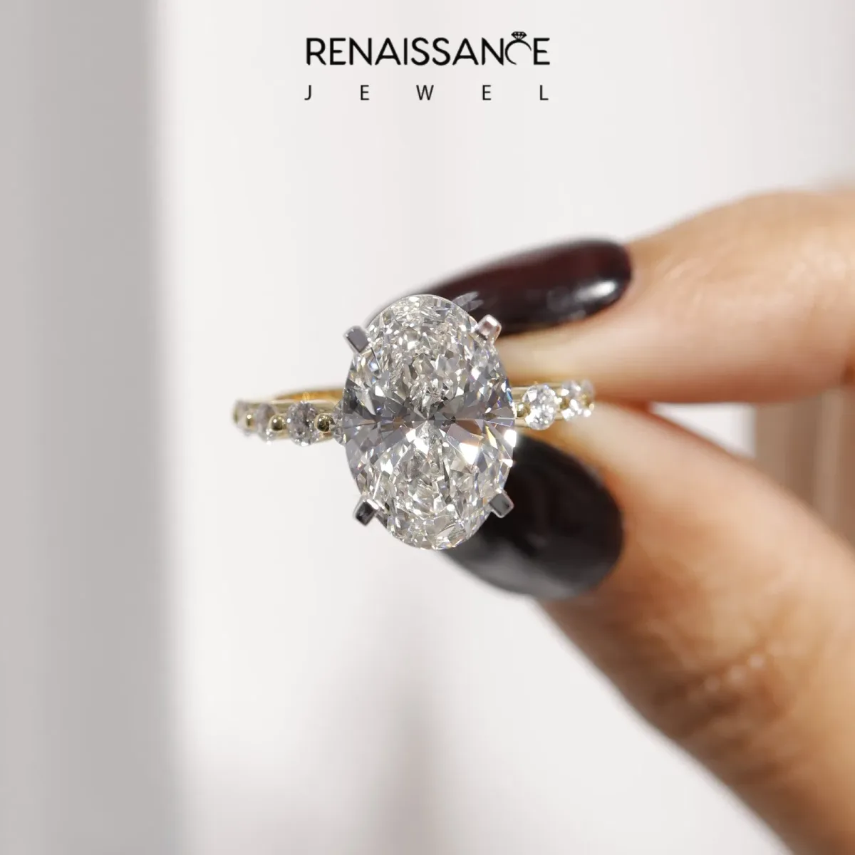 Oval Cut Solitaire Diamond Ring with Pave Band and Four-Prong Setting Yellow gold