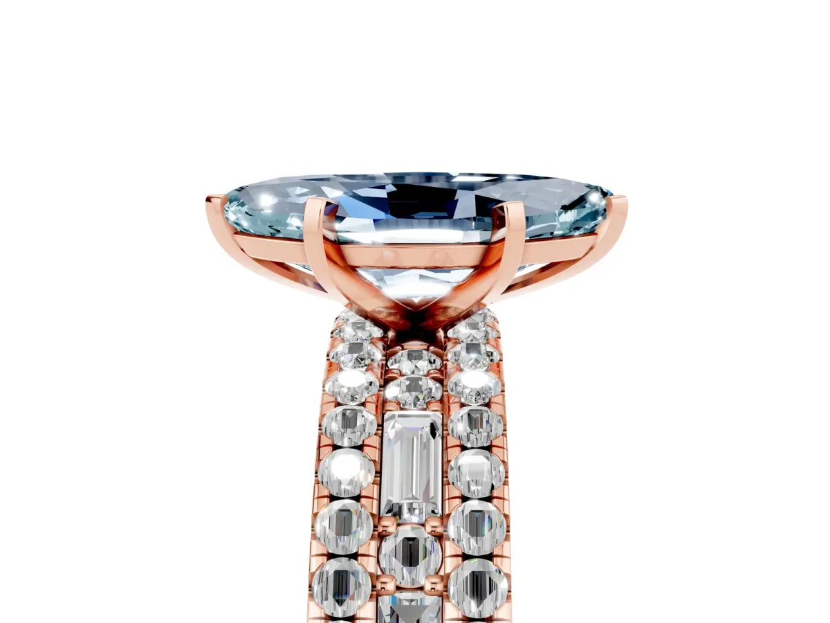 Marquise Cut Aquamarine Solitaire Ring with Pavé and Channel Set Band Rose gold