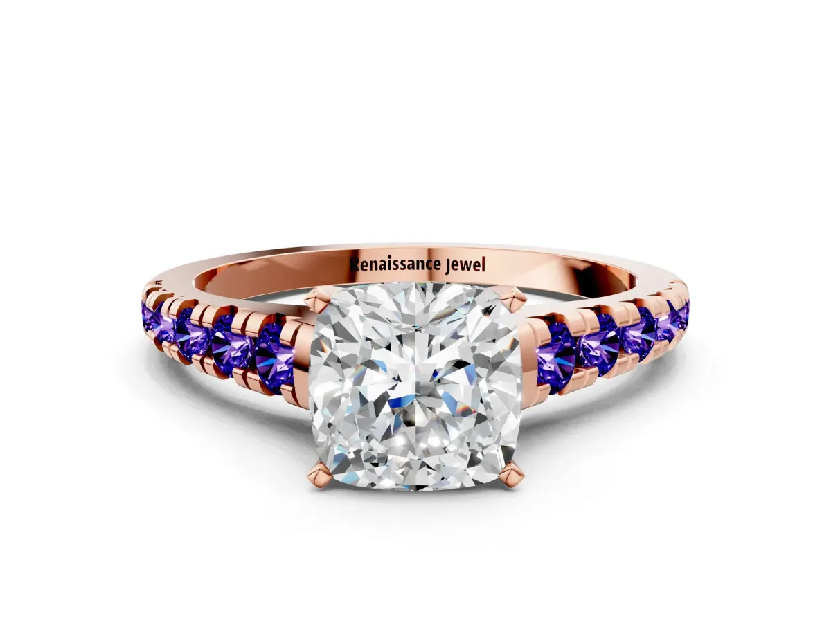 Cushion Cut Diamond Cathedral Solitaire Ring with Round Tanzanite Pavé Band Rose gold