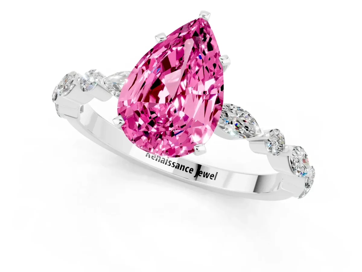 Pear Cut Pink Sapphire Ring with Marquise and Round Side Stones and Four-Prong Setting White gold