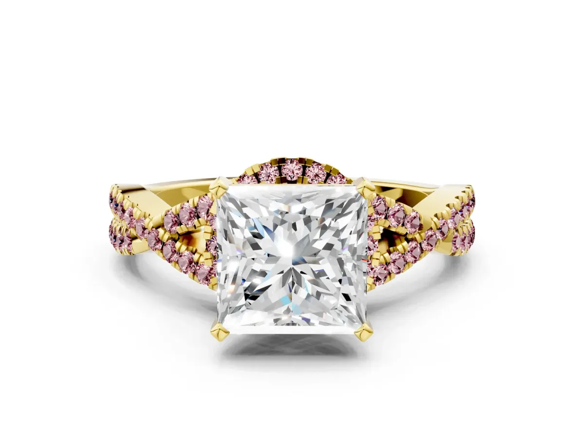 Princess Cut Diamond Morganite Halo Twist Band Solitaire Prong Setting Ring Yellow gold