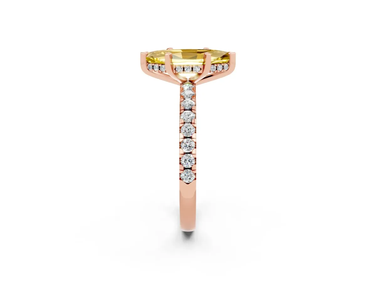 Marquise Cut Yellow Sapphire Solitaire Ring with Round Pavé Band and Four-Prong Setting Rose gold