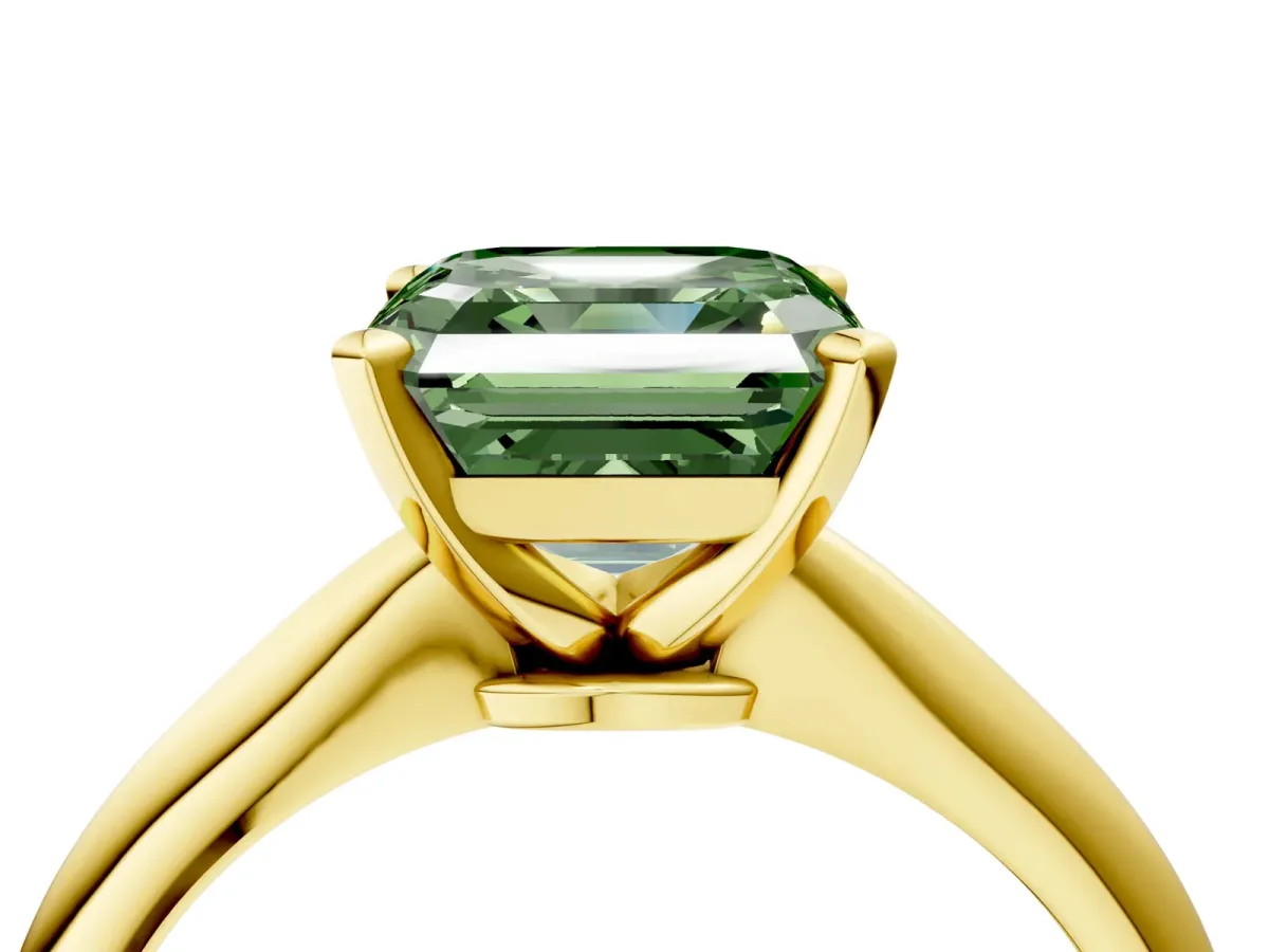 Fancy Green Asscher Cut Diamond Solitaire Engagement Ring with Classic Band and Four-Prong Setting Yellow gold