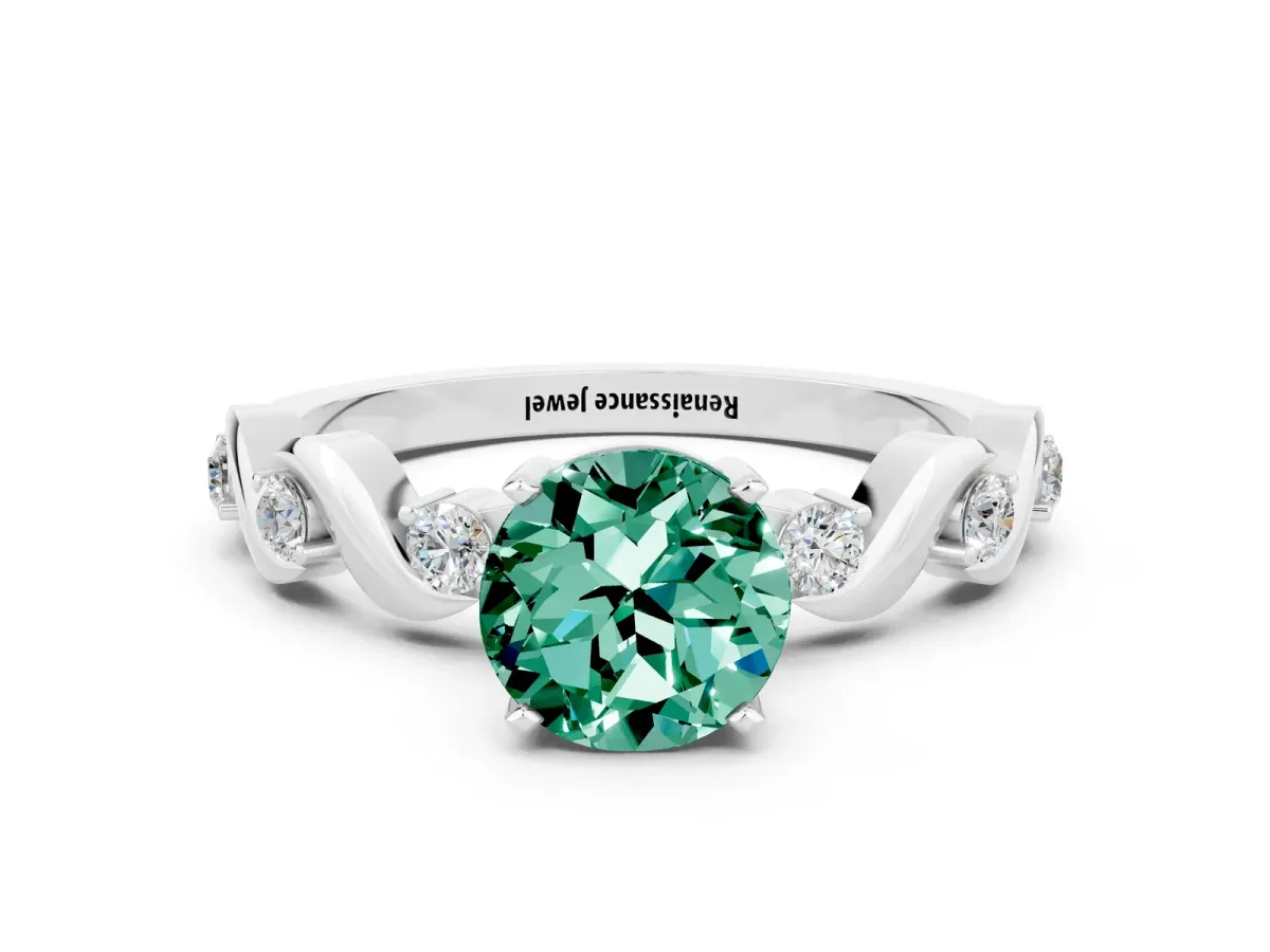 Round Cut Green Sapphire Solitaire Twisted Band with Round Accents and Prong Setting White gold