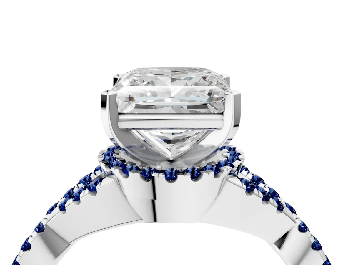 Princess Cut Diamond Blue Sapphire Halo Twist Band Solitaire Prong Setting Ring White gold