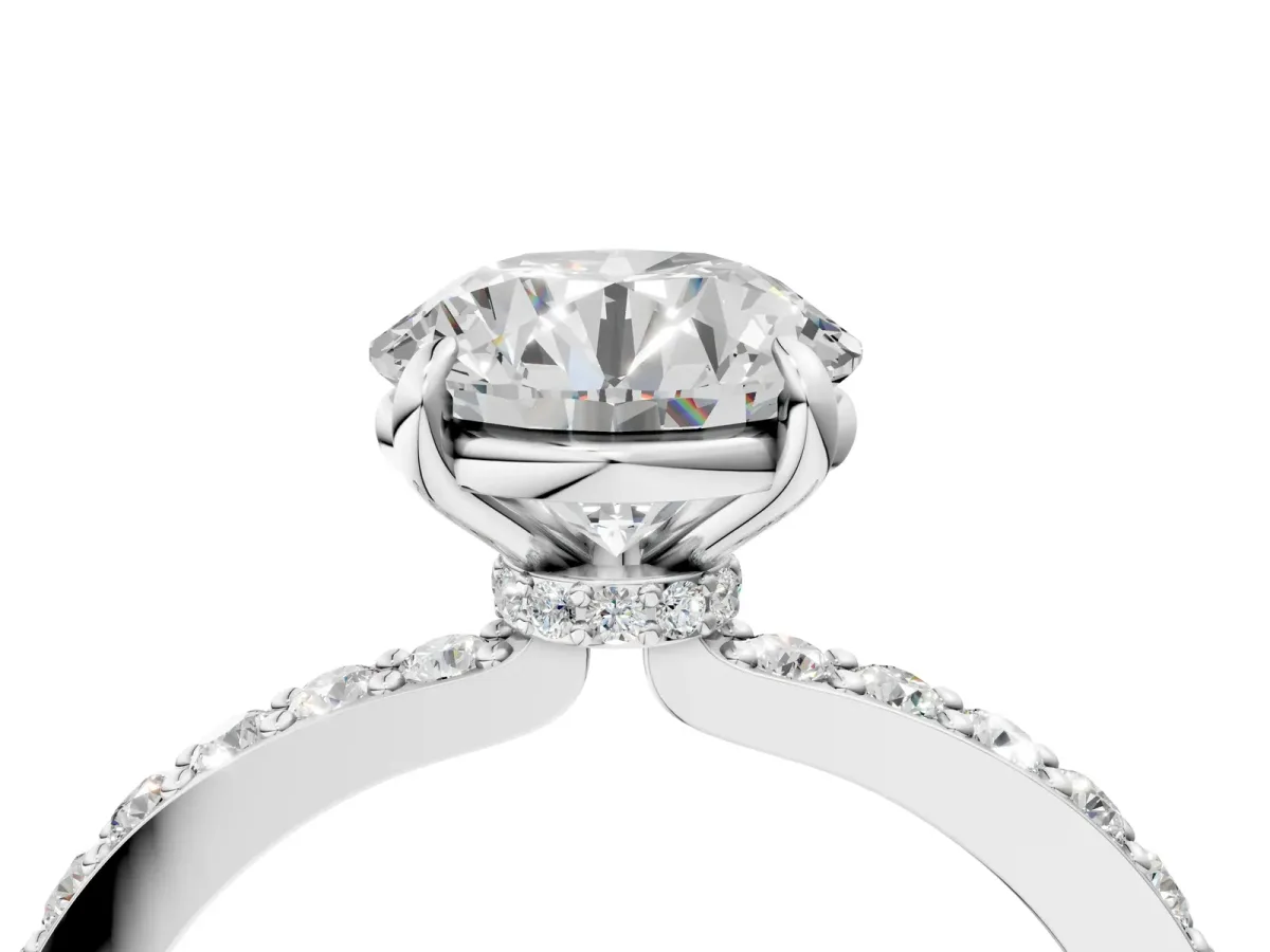 Round Cut Diamond Pavé Engagement Ring with Round Tanzanite Accents and Prong Setting White gold