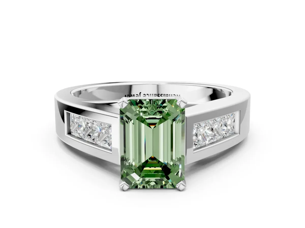 Fancy Green Emerald Cut Cut Channel Set Solitaire Ring with Four-Prong Setting Platinum
