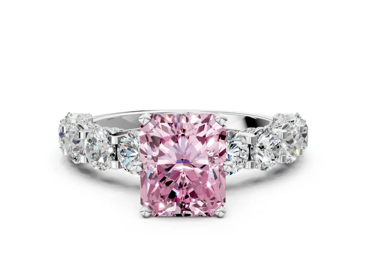Fancy Pink Radiant Cut Diamond Side Stone Engagement Ring with Four-Prong Setting White gold
