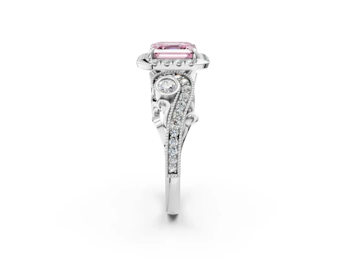 Fancy Pink Asscher Cut Diamond Halo Ring with Milgrain Pavé Band and Four-Prong Setting White gold