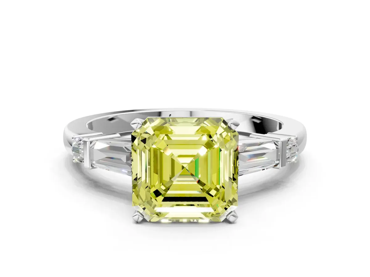 Fancy Yellow Asscher Cut Cut Diamond Ring with Baguette Side Stones, Channel Set Band, and Four-Prong Setting Platinum