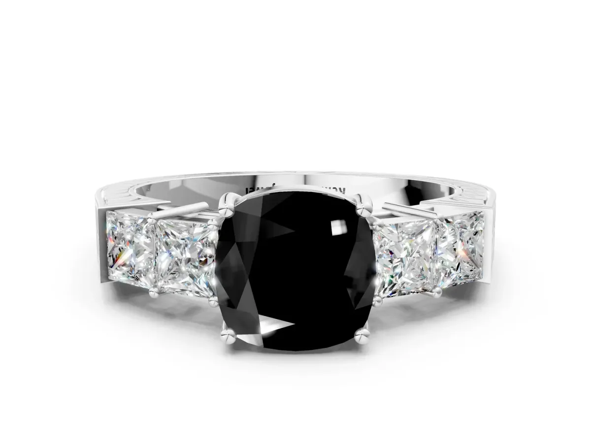 Fancy Black Cushion Cut Solitaire Princess Side Stone Engraved Band Prong Setting Ring White gold