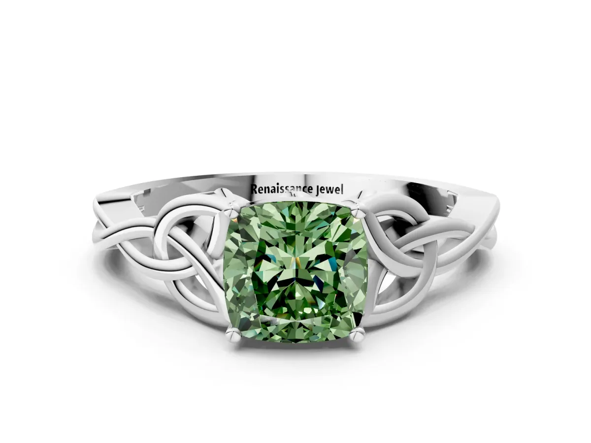 Fancy Green Cushion Cut Diamond Solitaire Engagement Ring with Celtic Knot Band and Four-Prong Setting White gold