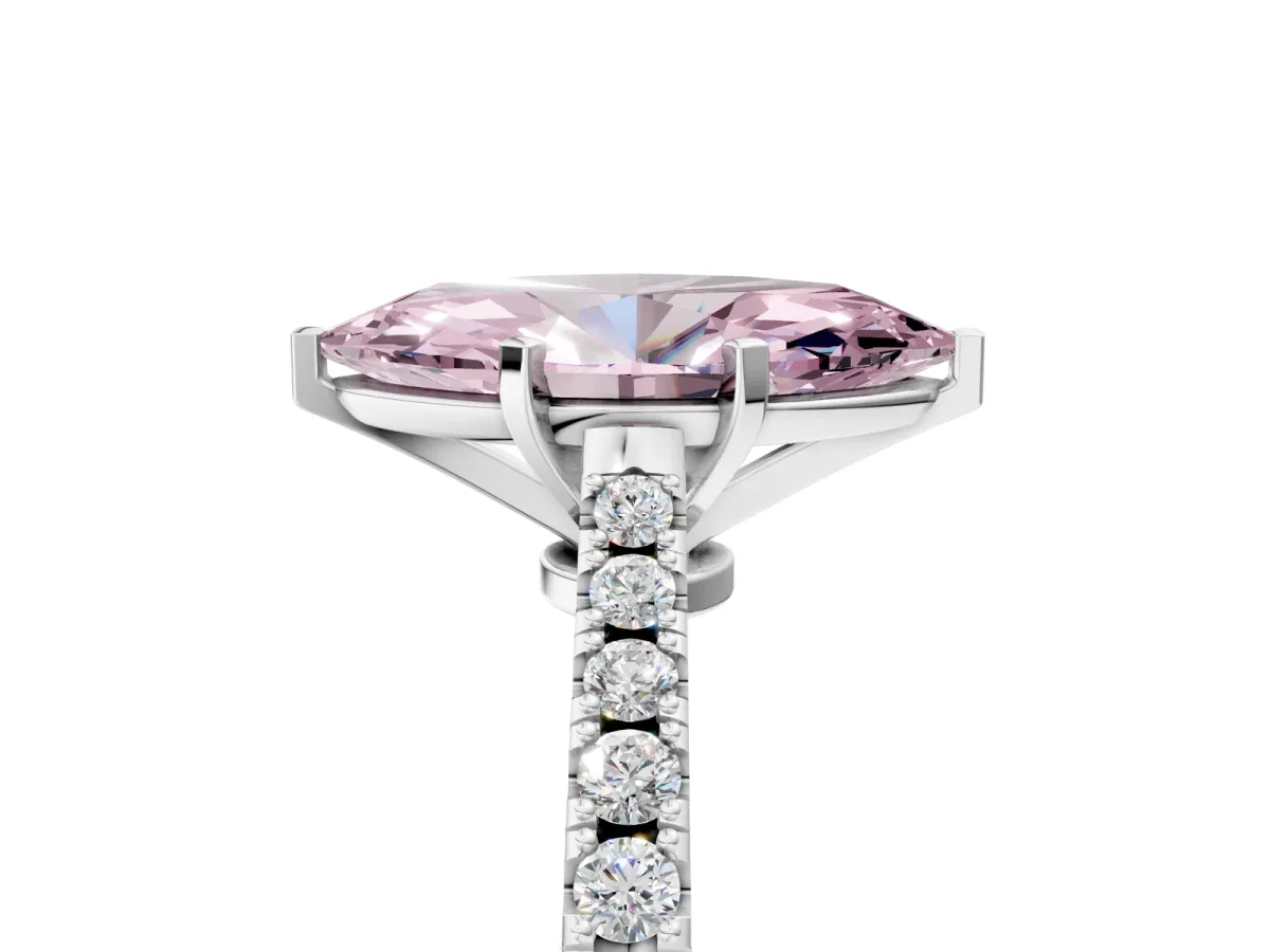 Fancy Pink Marquise Cut Cut Solitaire Diamond Engagement Ring with Pave Band and Four-Prong Setting White gold