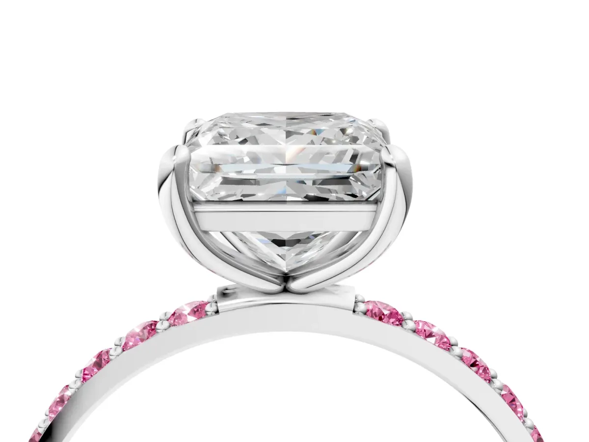 Princess Cut Diamond Solitaire Ring with Round Pink Sapphire Pavé Band and Prong Setting White gold
