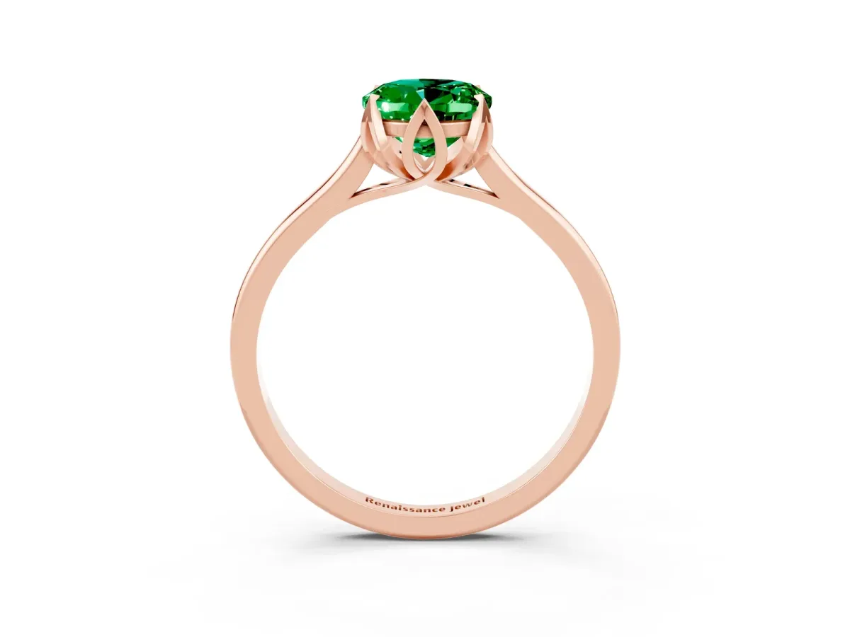 Oval Cut Emerald Solitaire Ring with Flower Prong Setting and Classic Band Rose gold