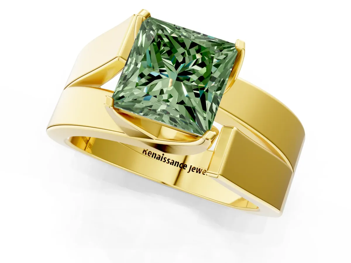 Fancy Green Modern Tension Set Princess Cut Diamond Solitaire Wide Band Ring Yellow gold