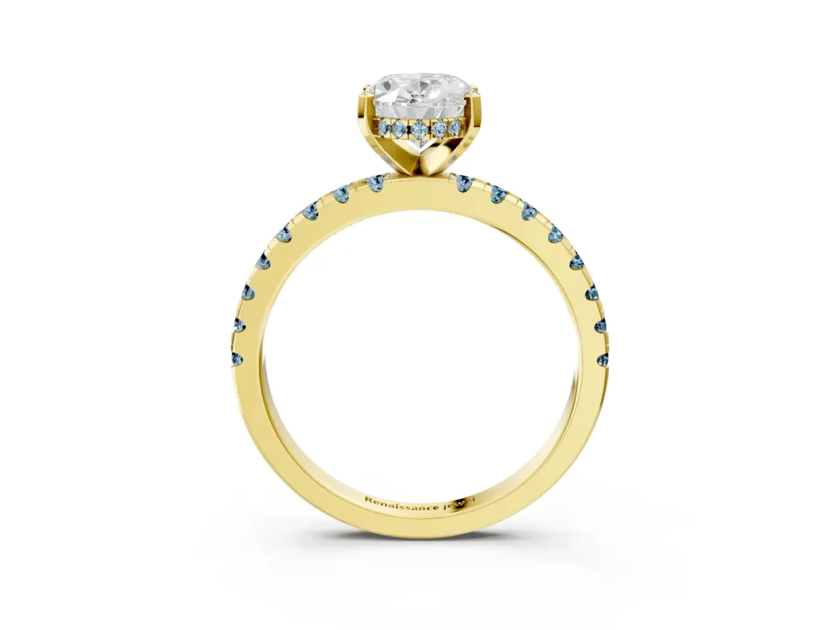 Oval Cut Diamond Solitaire Ring with Round Aquamarine Pavé Band and Four-Prong Setting Yellow gold