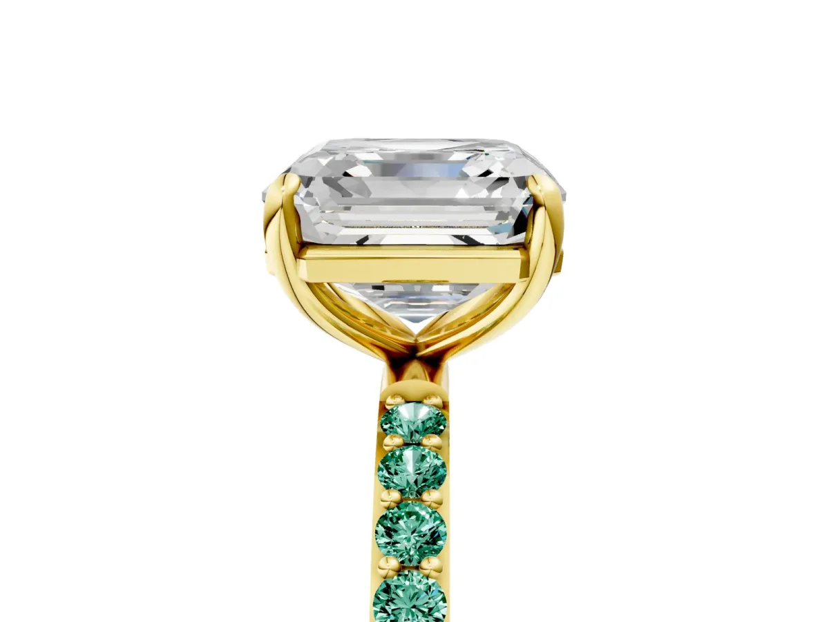Asscher Cut Diamond Solitaire Ring with Round Green Sapphire Pavé Band and Prong Setting Yellow gold
