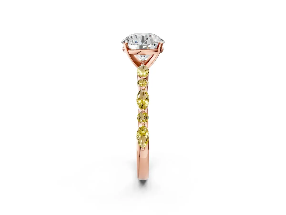 Round Cut Diamond Ring with Marquise and Round Yellow Sapphire Side Stones and Four-Prong Setting Rose gold