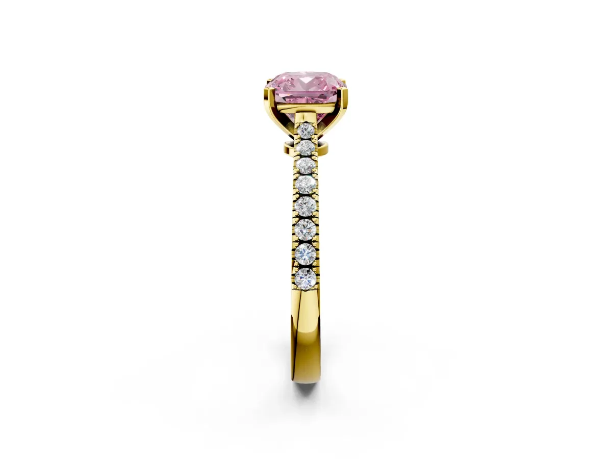 Fancy Pink Cushion Cut Cut Solitaire Diamond Engagement Ring with Pave Band and Four-Prong Setting Yellow gold