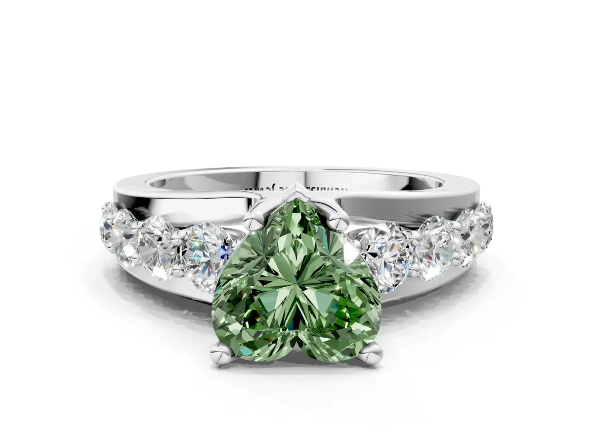 Fancy Green Heart Cut Brilliant Solitaire with Side Stones on a Pave Band and Four-Prong Setting Platinum