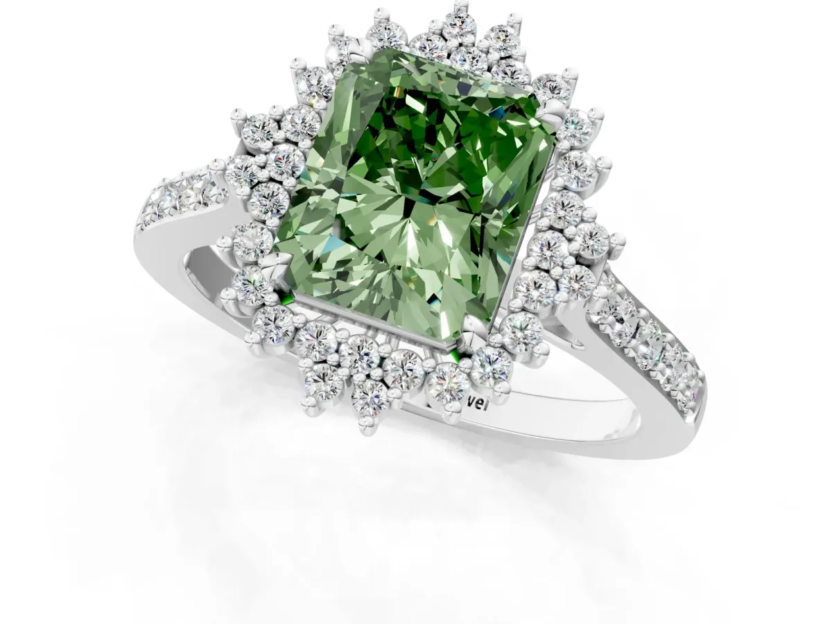 Fancy Green Radiant Cut Cut Diamond Sunburst Halo Engagement Ring with Pavé Band Platinum