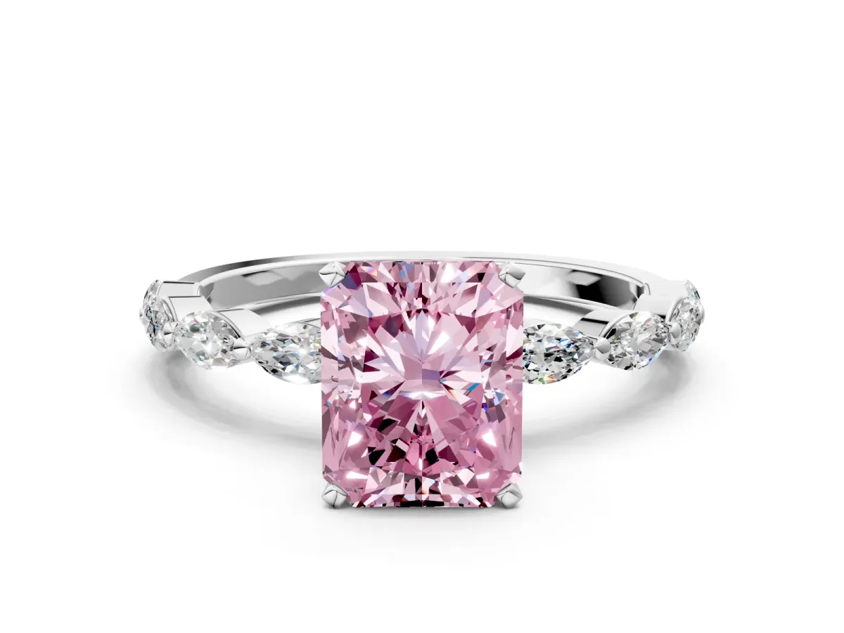 Fancy Pink Radiant Cut Diamond Ring with Marquise Side Stones and Prong Setting Platinum