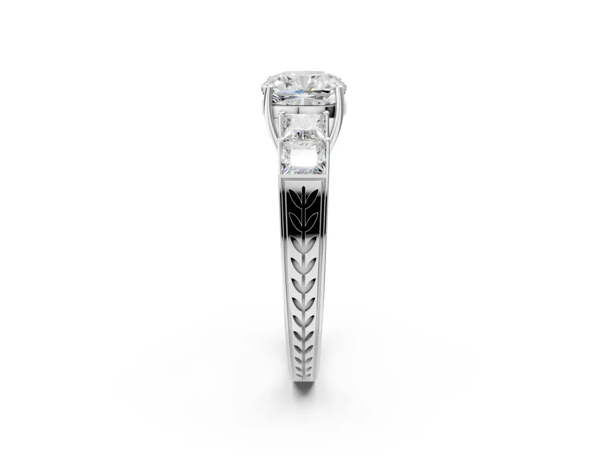 Cushion Cut Solitaire Princess Side Stone Engraved Band Prong Setting Ring Platinum