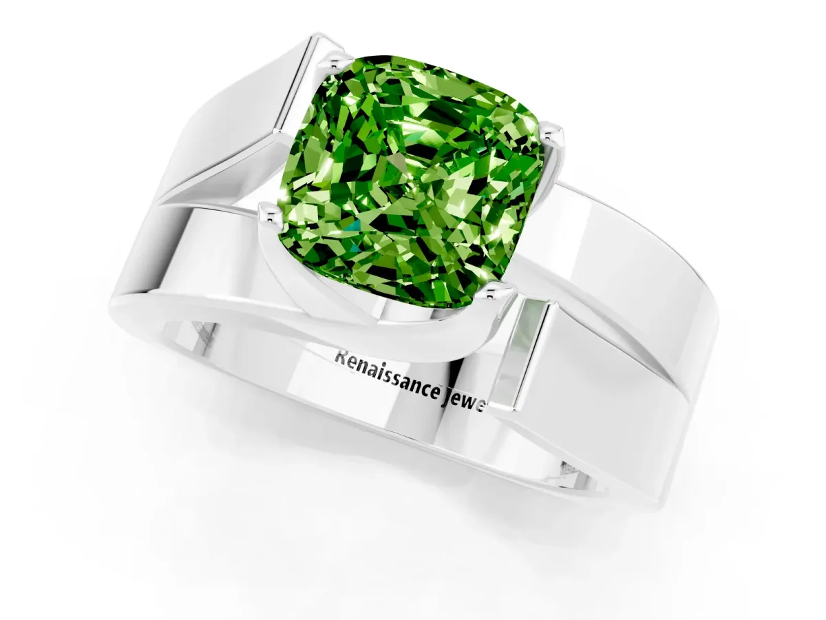 Modern Tension Set Cushion Cut Peridot Solitaire Wide Band Ring Platinum