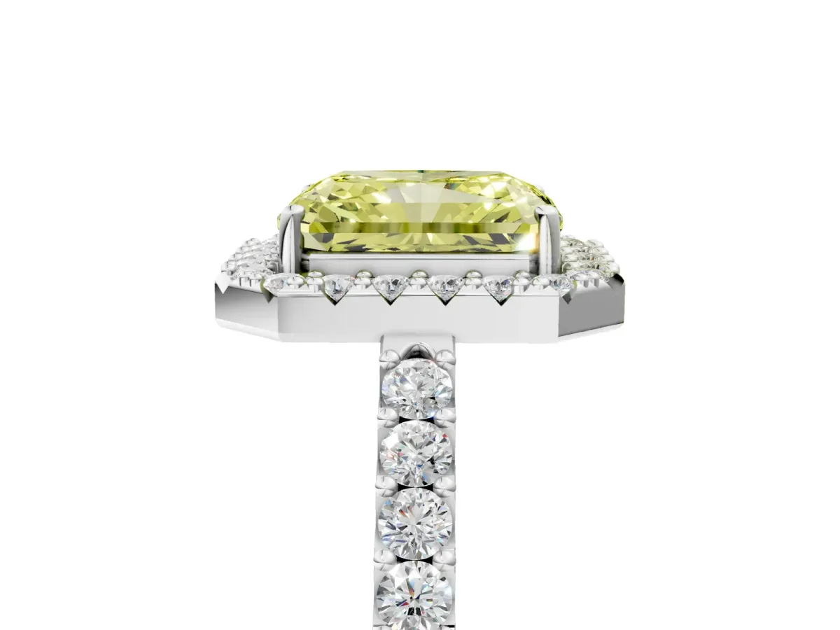 Fancy Yellow Radiant Cut Halo Diamond Pavé Solitaire Ring Platinum
