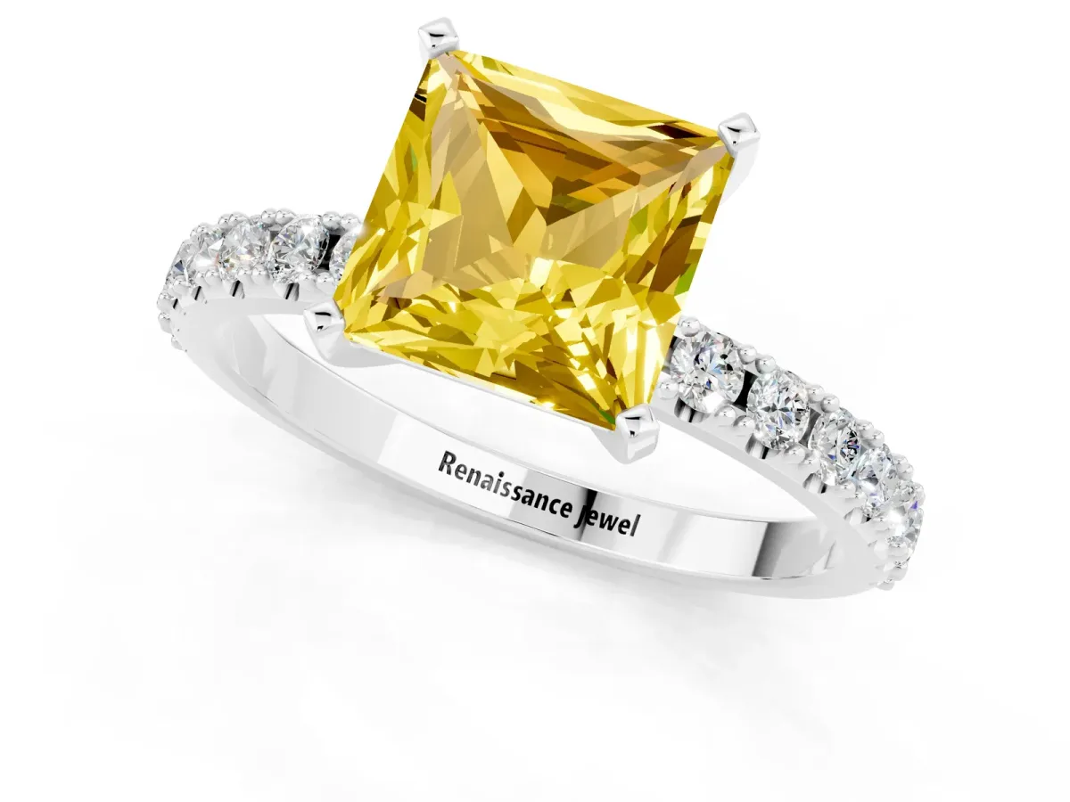 Princess Cut Yellow Sapphire Solitaire Pavé Band with Four-Prong Setting Silver