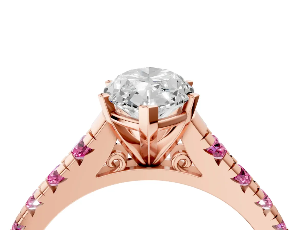Marquise Cut Diamond Cathedral Solitaire Ring with Round Pink Sapphire Pavé Band Rose gold