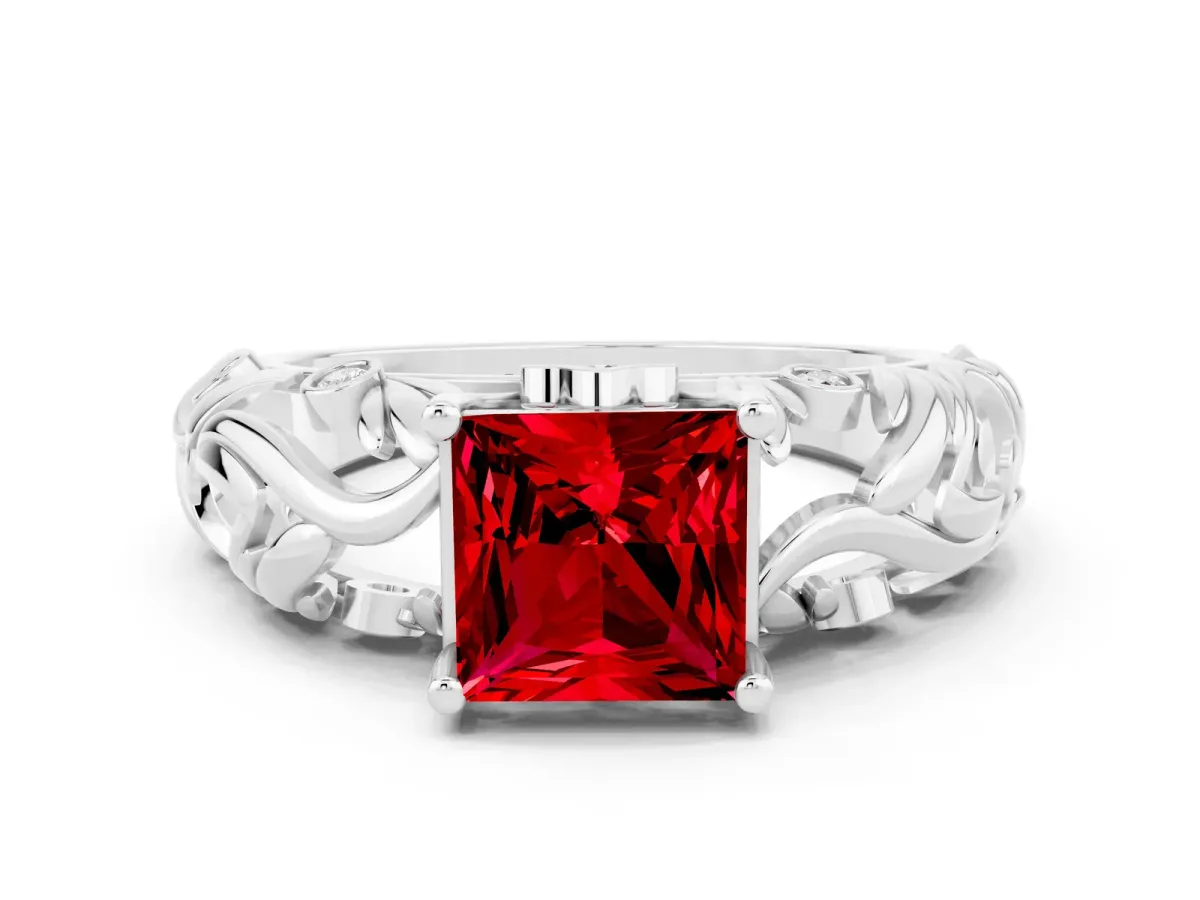 Princess Cut Solitaire Ruby Leaf-Inspired Vine Band Ring with Prong Setting White gold