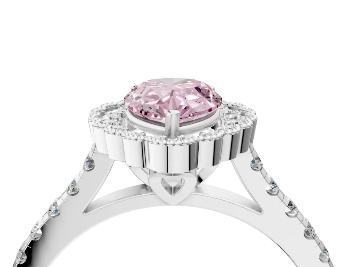 Fancy Pink Pear Cut Cut Diamond Milgrain Floral Halo Engagement Ring with Pavé Band Silver