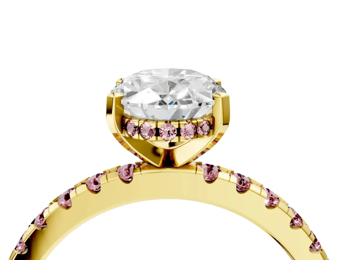 Oval Cut Diamond Solitaire Ring with Round Morganite Pavé Band and Four-Prong Setting Yellow gold