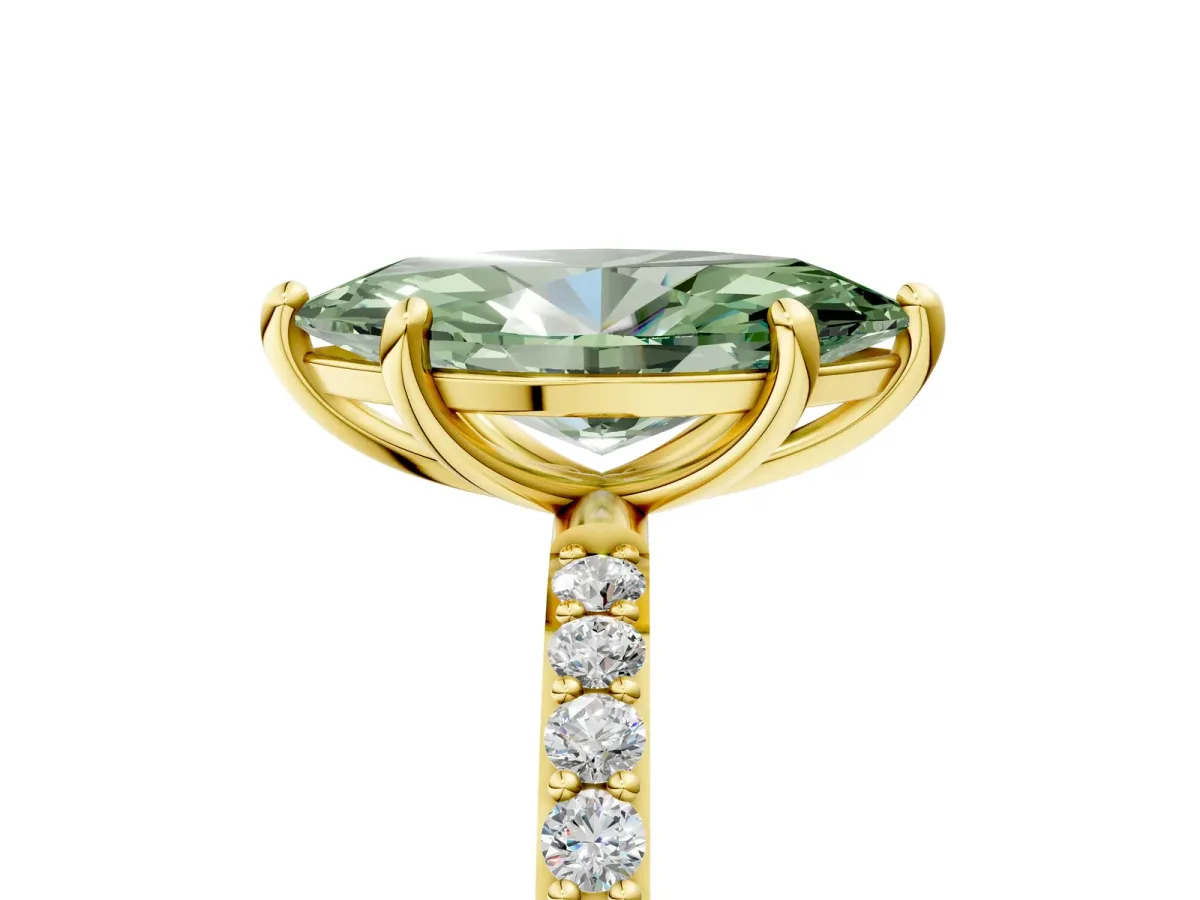 Fancy Green Marquise Cut Diamond Solitaire Ring with Round Pavé Band and Prong Setting Yellow gold