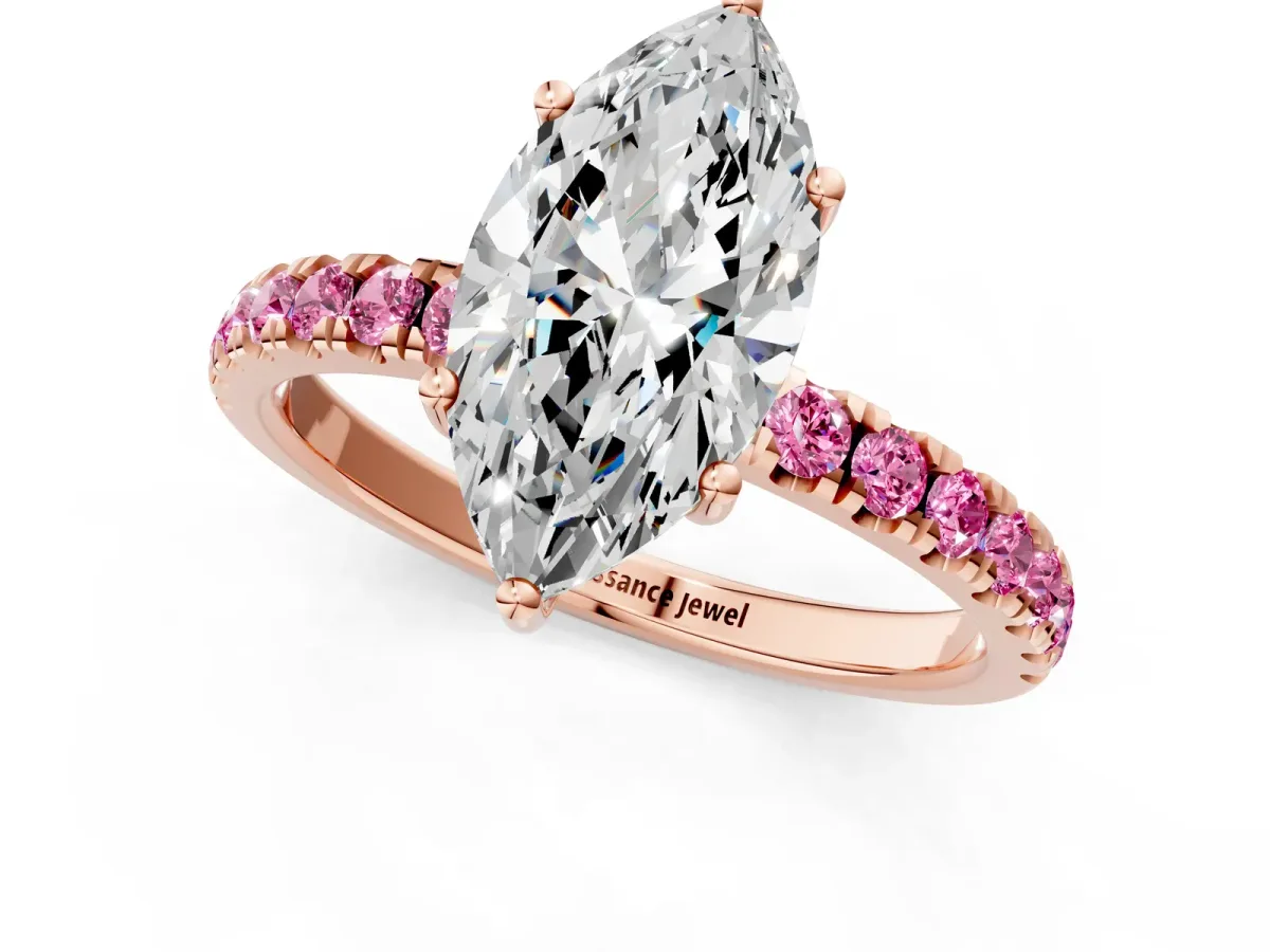 Marquise Cut Diamond Pave Band Solitaire Ring with Round Pink Sapphire and Prong Setting Rose gold